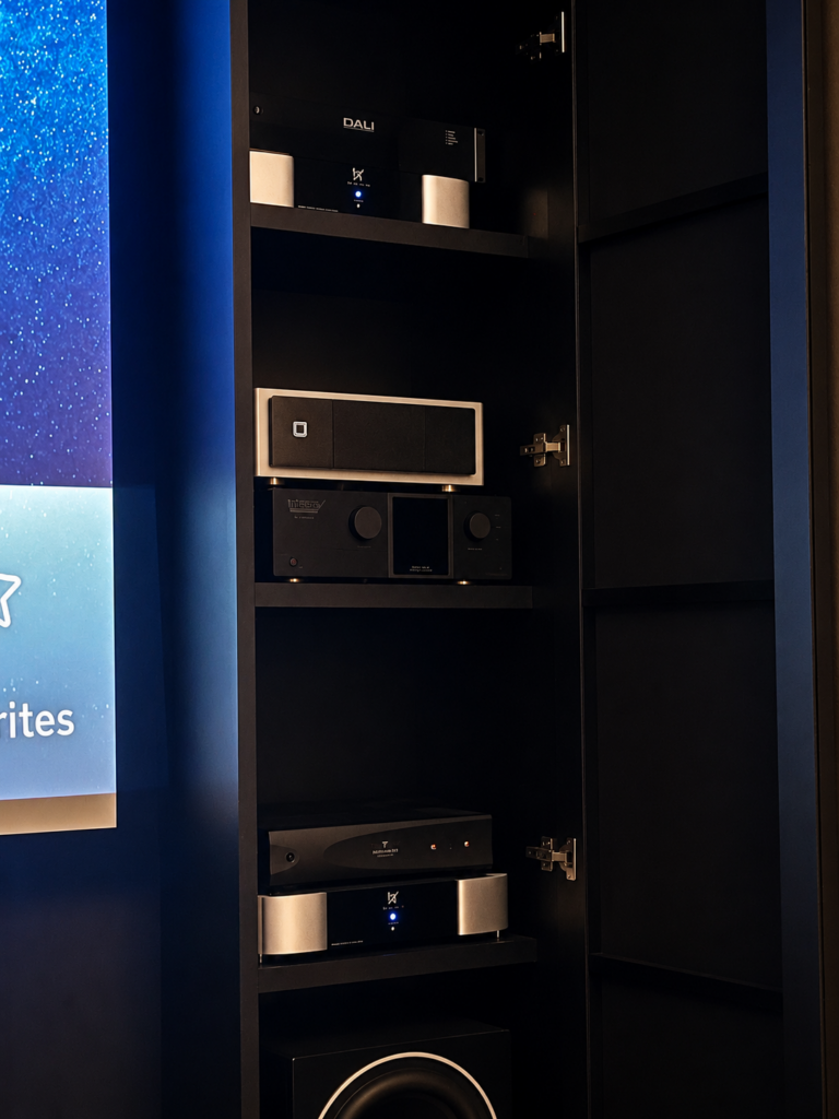 Home Theater equipment rack installed in a dedicated cinema room with Epson EH-LS12000 projection system.