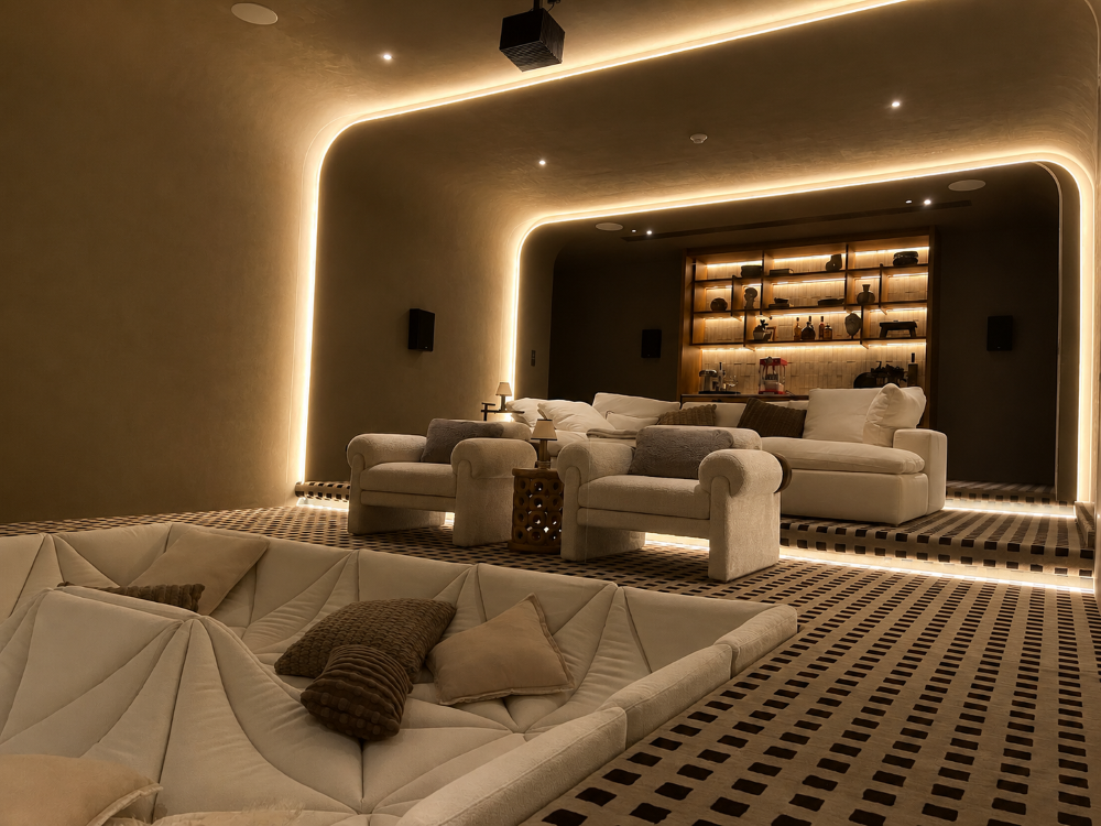 ห้อง Home Theater โทนอบอุ่นพร้อมที่นั่งชมภาพยนตร์หลายระดับ