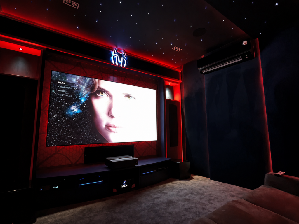 Spider-Man Theme Home Theater designed and installed by HDT Homedigital featuring BenQ V7050i projector, Genius Screen Optical UST and 7.2.4 Dolby Atmos sound system.
