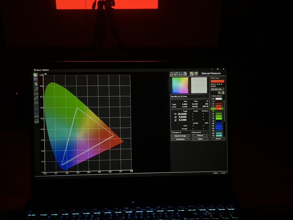 กราฟ CIE xy ของ Epson EH-TW9400 ก่อน Video Calibration แสดงตำแหน่ง Primary Colors และ Secondary Colors เทียบกับมาตรฐาน Rec.709