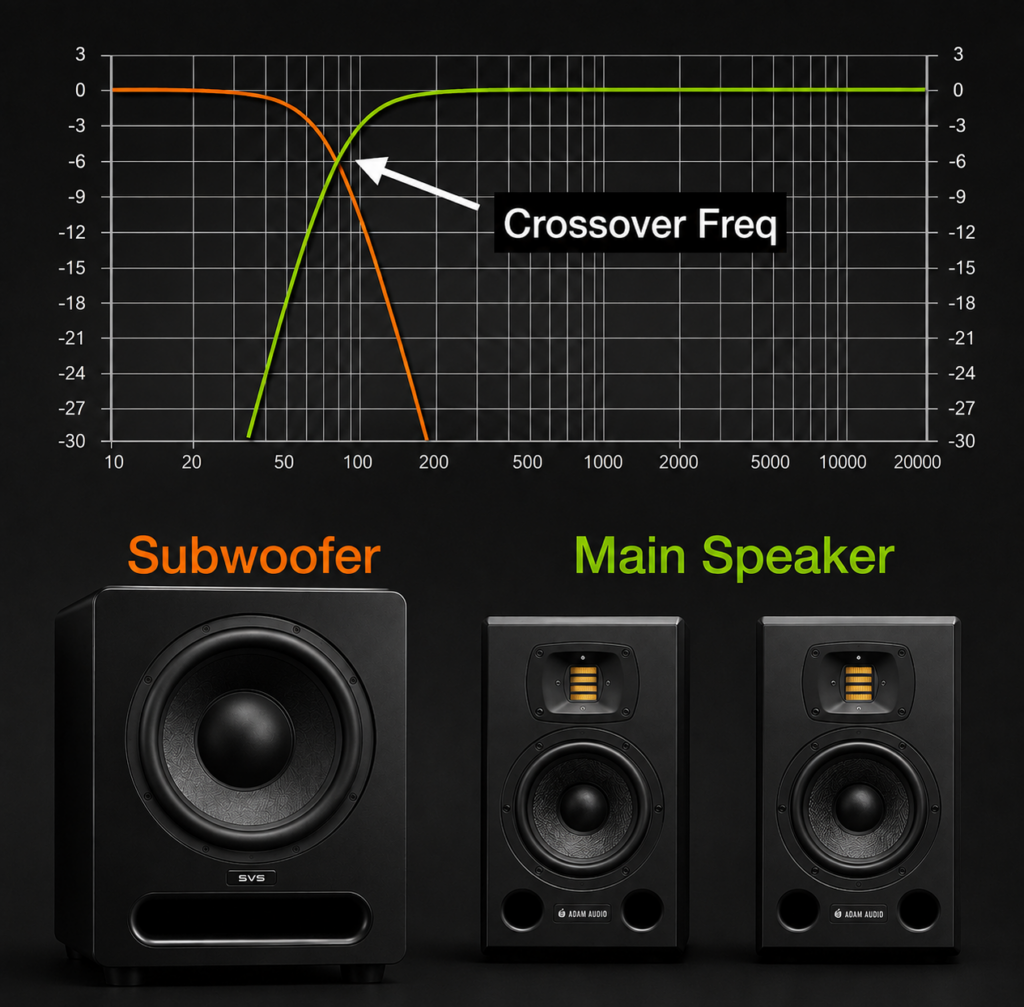 Crossover สำหรับ Home Theater แสดงการแบ่งความถี่ระหว่าง Main Speakers และ Subwoofer