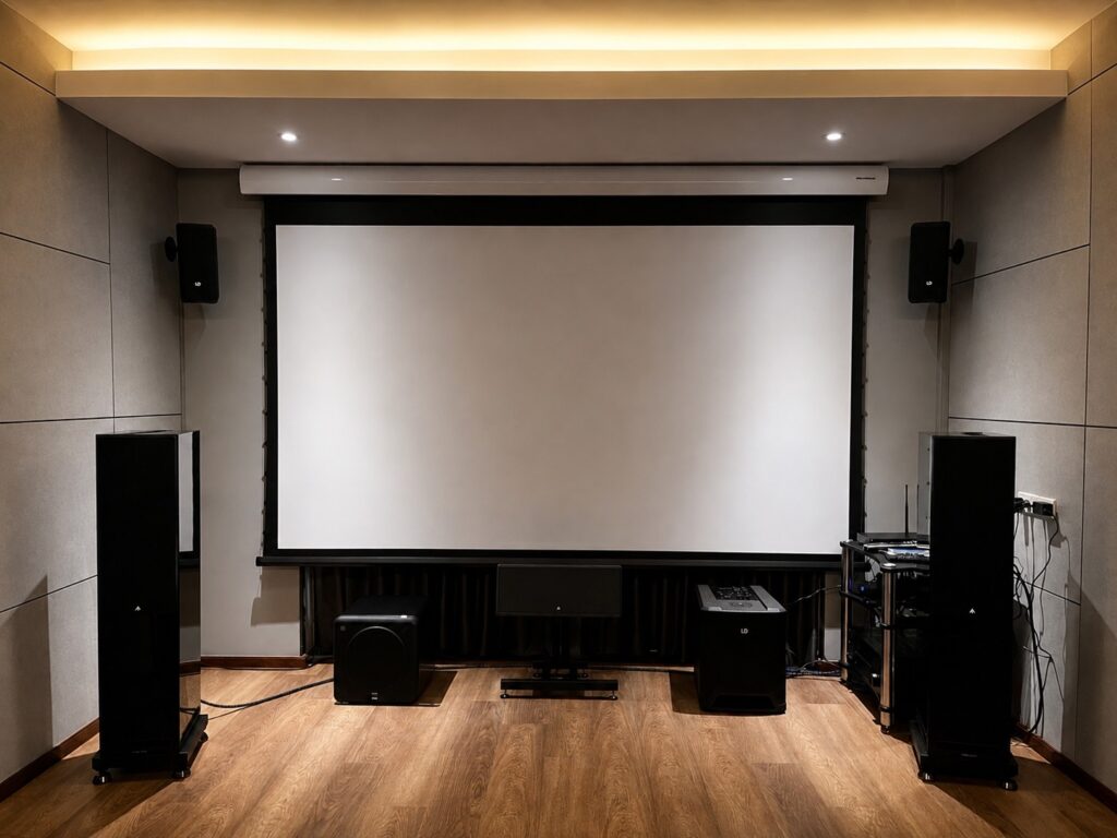 ภาพรวมของห้อง Dedicated Home Theater พร้อมระบบ Dolby Atmos 5.1.4 ติดตั้งโปรเจคเตอร์ Hisense C2 Ultra และจอ Genius Screen Pro White 4K Motorized 120 นิ้ว โดย HDT Homedigital