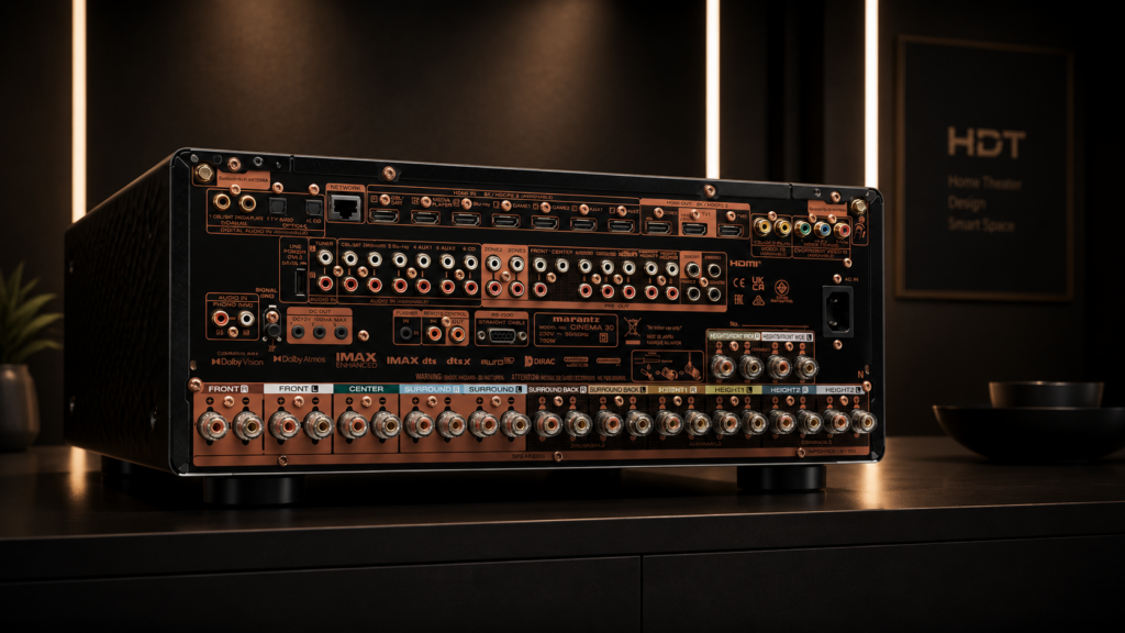 ด้านหลัง Marantz CINEMA 30 พร้อมช่องเชื่อมต่อ HDMI และ Pre-out 13.4 แชนแนล