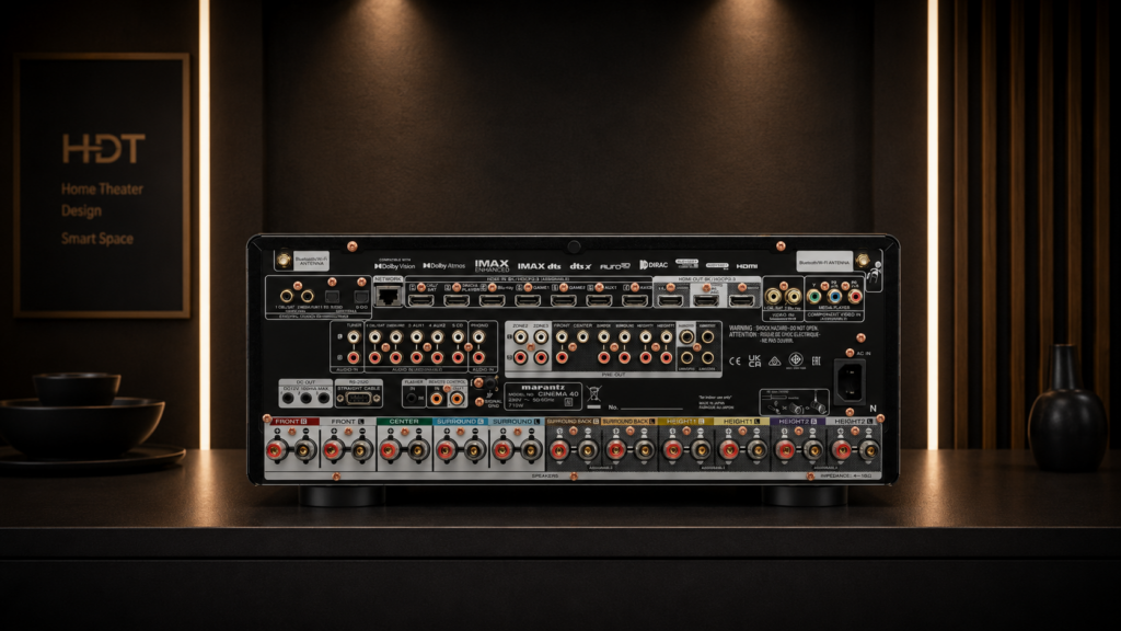 ด้านหลัง Marantz CINEMA 40 พร้อม Pre-out 11.4 แชนแนล HDMI 8K และ Subwoofer Output 4 ช่อง