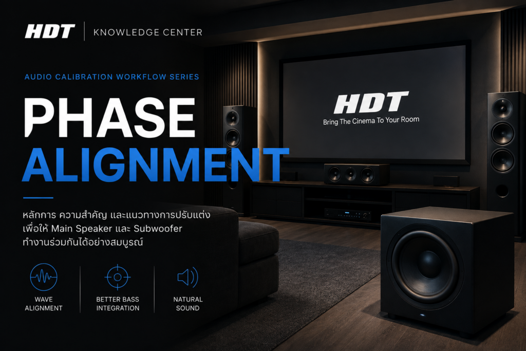 Phase Alignment สำหรับ Home Theater อธิบายการทำงานร่วมกันของ Main Speaker และ Subwoofer เพื่อให้คลื่นเสียงรวมตัวกันอย่างถูกต้องในระบบ Home Theater