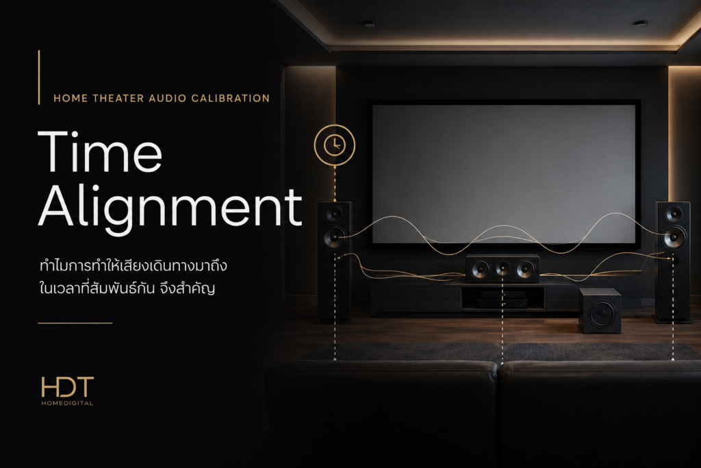 Time Alignment สำหรับ Home Theater แสดงหลักการทำให้เสียงจากลำโพงทุกแชนเนลเดินทางมาถึงตำแหน่งรับฟังในเวลาที่สัมพันธ์กัน เพื่อเพิ่มความแม่นยำของระบบเสียงรอบทิศทาง