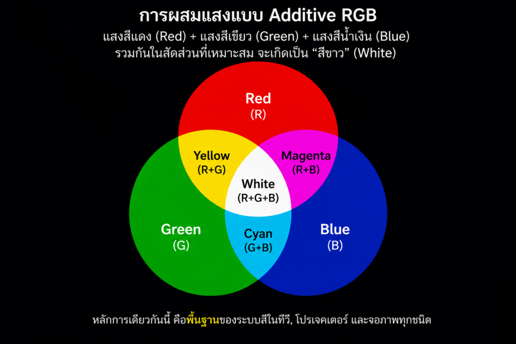 การผสมแสงแบบ Additive RGB จากแสงสีแดง สีเขียว และสีน้ำเงิน เพื่ออธิบายพื้นฐานของ White Balance