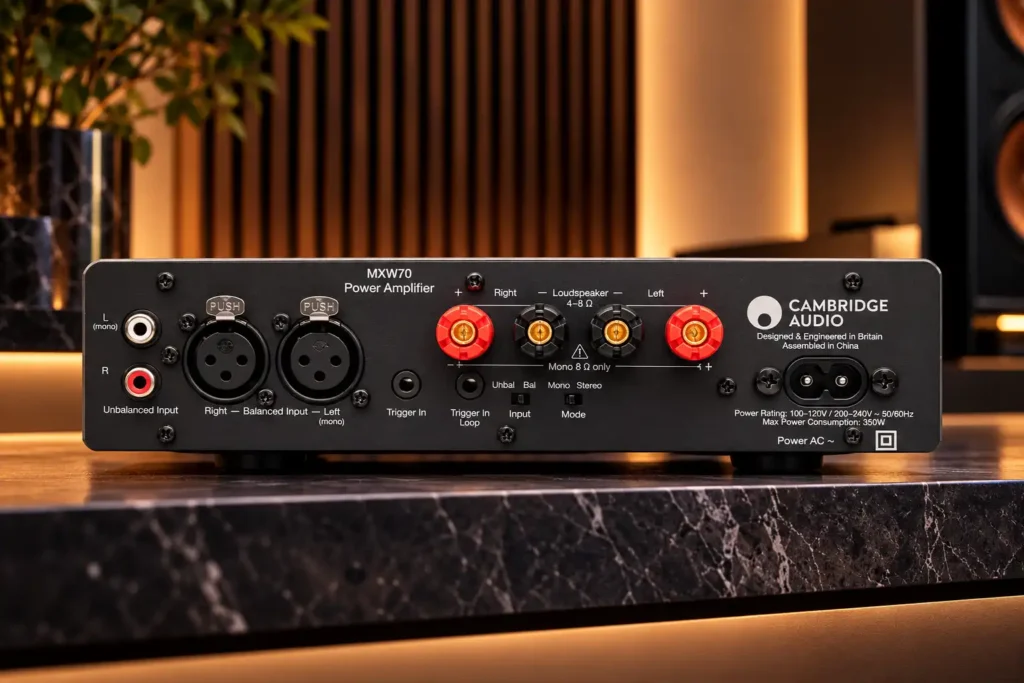ด้านหลัง Cambridge Audio MXW70 พร้อม RCA XLR 12V Trigger และ Stereo Mono Mode