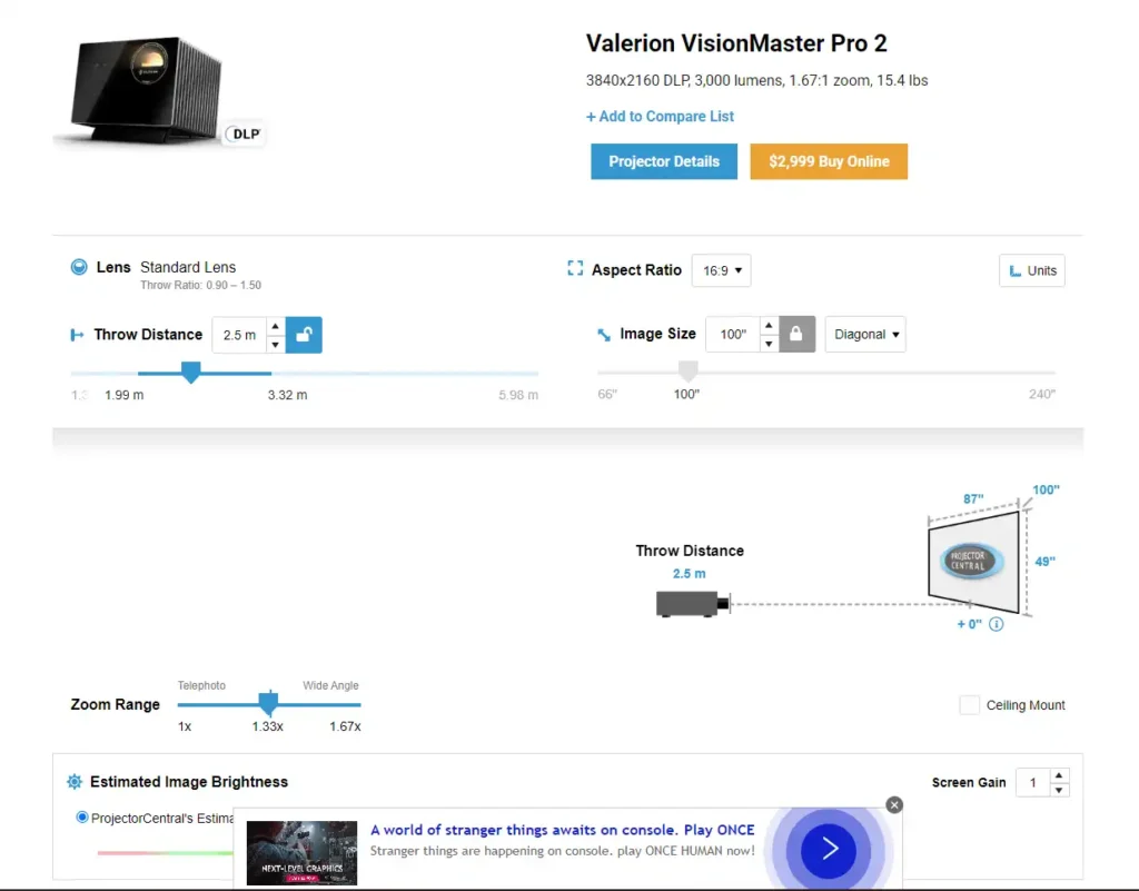 Valerion VisionMaster Pro 2 จอ 100 นิ้ว ความสว่างประมาณ 204 nits
