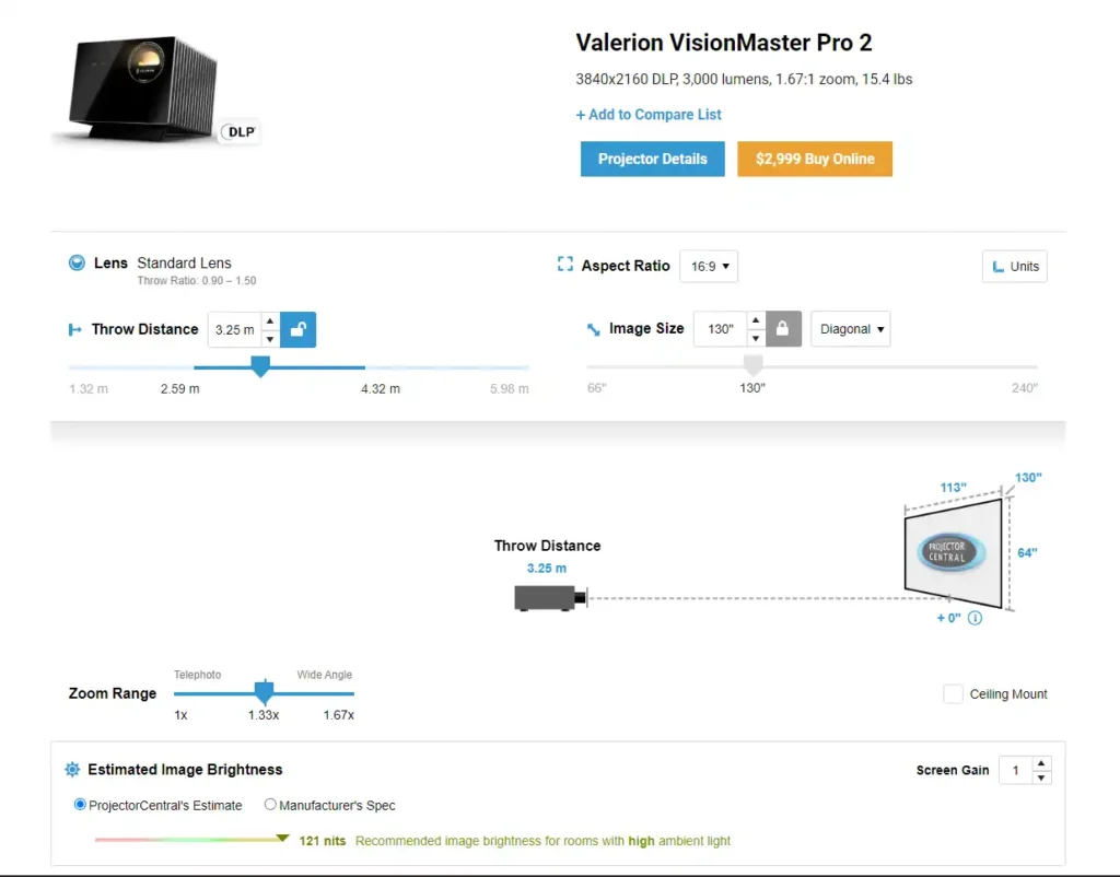 Valerion VisionMaster Pro 2 จอ 130 นิ้ว ความสว่างประมาณ 121 nits