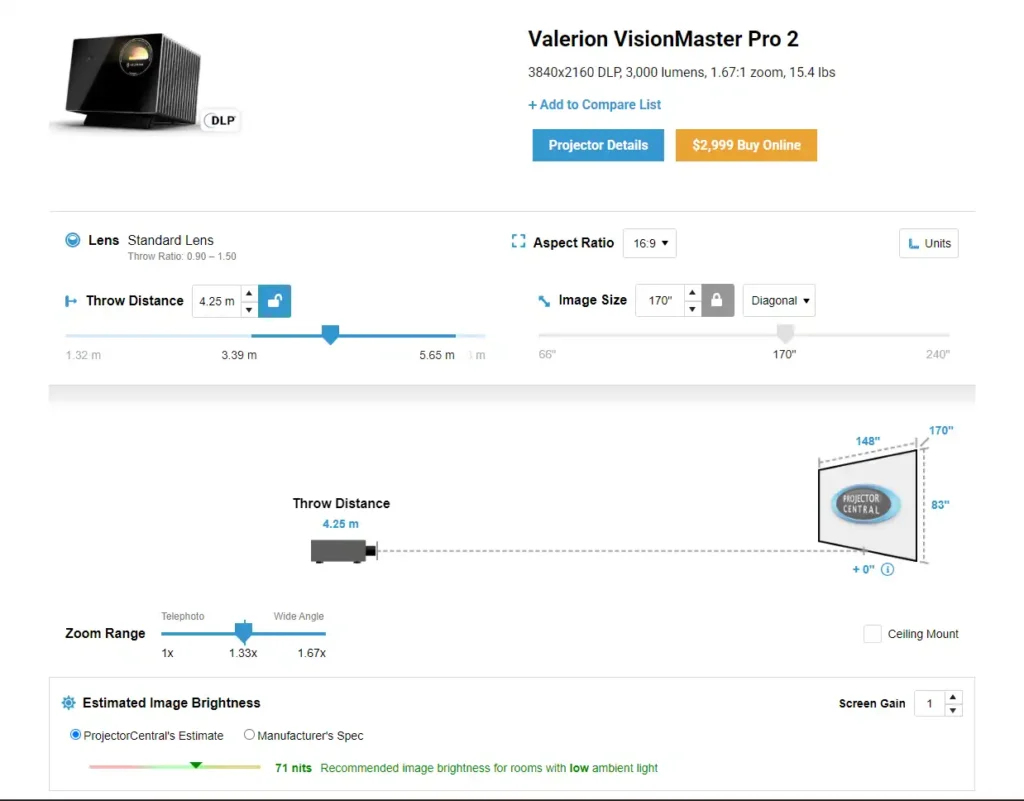 Valerion VisionMaster Pro 2 จอ 170 นิ้ว ความสว่างประมาณ 71 nits